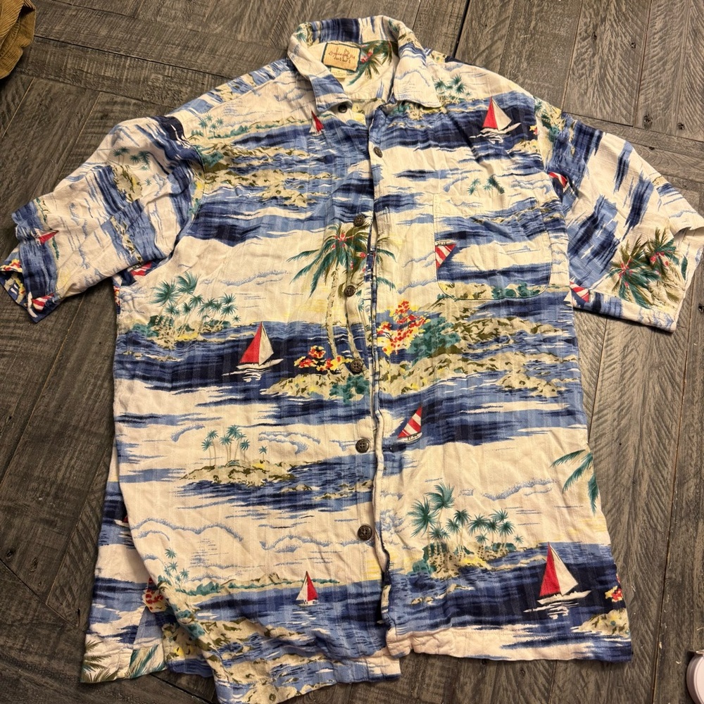 Linguine & Bob Polynesian‎ Hawaiian Button Down Shirt Adult Medium 100% Rayon